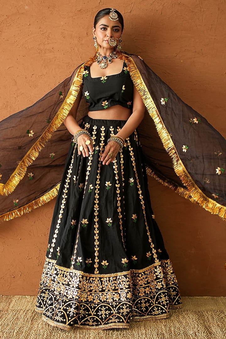 Black Chanderi Metallic Hand Embroidered Wedding Lehenga Set by GulaboJaipur by Saloni Panwar at Pernia's Pop Up Shop