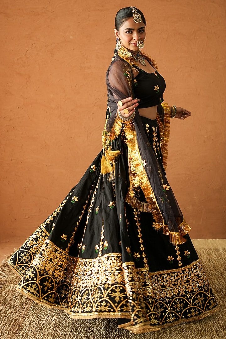 Black Chanderi Metallic Hand Embroidered Wedding Lehenga Set by GulaboJaipur by Saloni Panwar at Pernia's Pop Up Shop