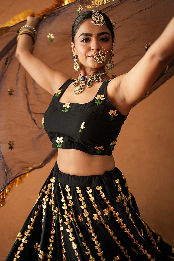 Black Chanderi Metallic Hand Embroidered Wedding Lehenga Set by GulaboJaipur by Saloni Panwar at Pernia's Pop Up Shop