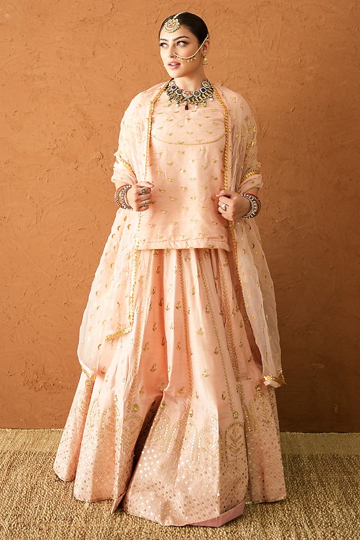 Peach Raw Silk Marodi Embroidered Wedding Lehenga Set by GulaboJaipur by Saloni Panwar at Pernia's Pop Up Shop