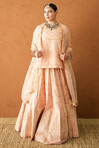 Peach Raw Silk Marodi Embroidered Lehenga Set by GulaboJaipur by Saloni Panwar