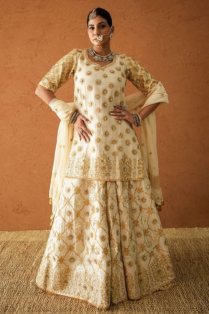 Ivory Raw Silk Marodi Embroidered Bridal Lehenga Set by GulaboJaipur by Saloni Panwar at Pernia's Pop Up Shop