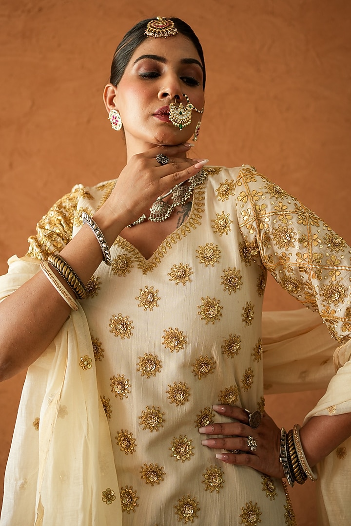Ivory Raw Silk Marodi Embroidered Bridal Lehenga Set by GulaboJaipur by Saloni Panwar at Pernia's Pop Up Shop