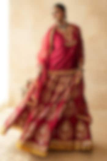 Red Raw Silk Kiran Lace Hand Embroidered Bridal Lehenga Set by GulaboJaipur by Saloni Panwar at Pernia's Pop Up Shop