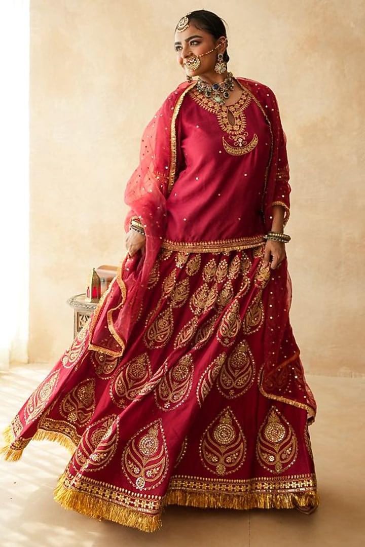 Red Raw Silk Kiran Lace Hand Embroidered Bridal Lehenga Set by GulaboJaipur by Saloni Panwar at Pernia's Pop Up Shop
