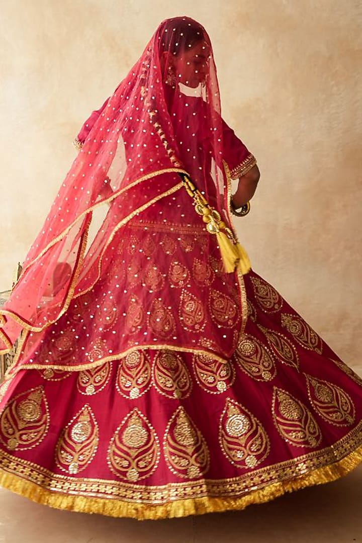 Red Raw Silk Kiran Lace Hand Embroidered Bridal Lehenga Set by GulaboJaipur by Saloni Panwar at Pernia's Pop Up Shop