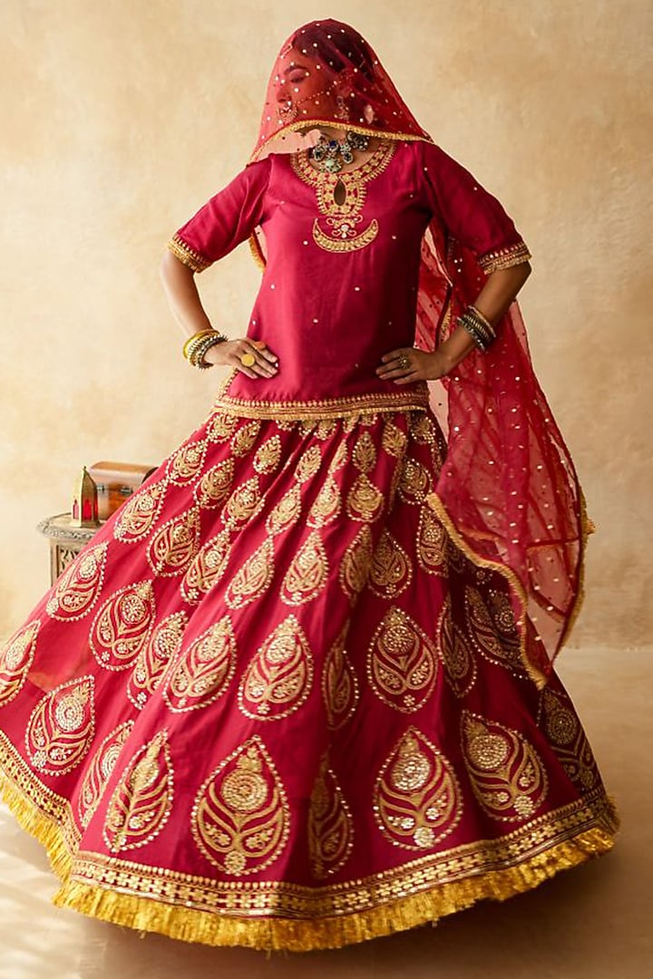Red Raw Silk Kiran Lace Hand Embroidered Bridal Lehenga Set by GulaboJaipur by Saloni Panwar at Pernia's Pop Up Shop