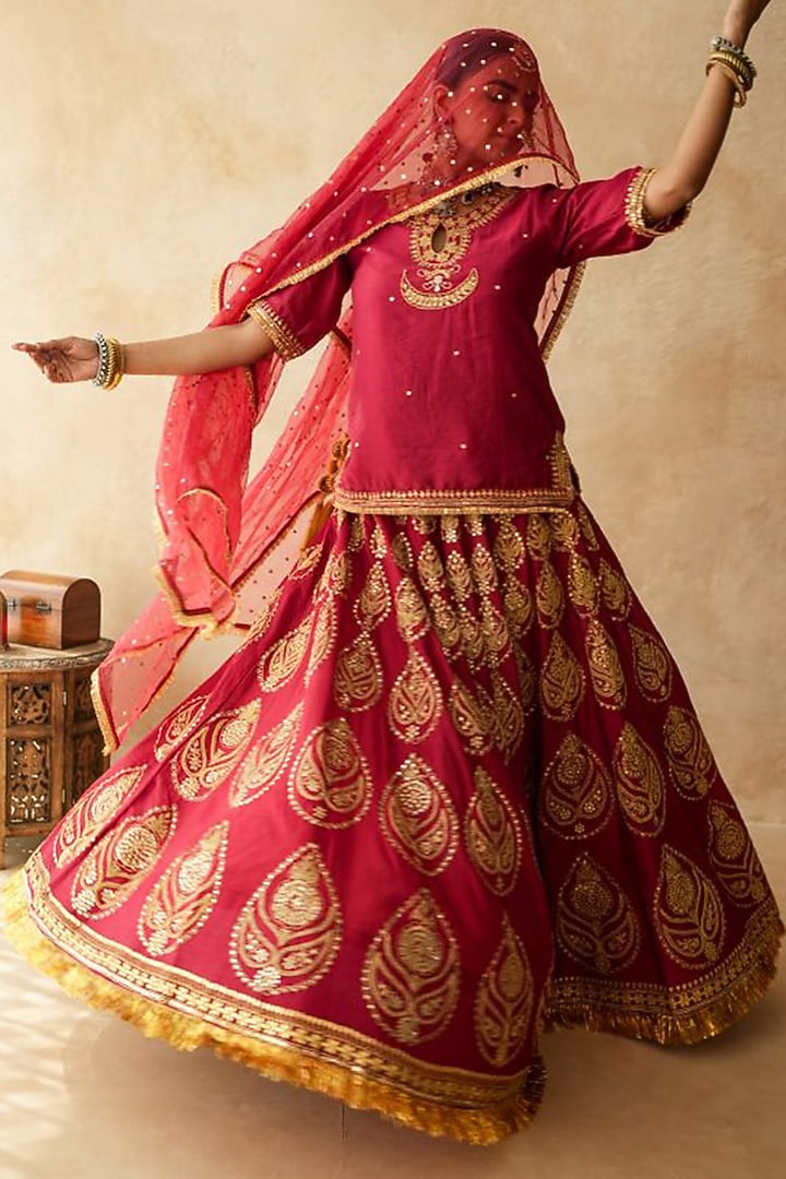 Red Raw Silk Kiran Lace Hand Embroidered Bridal Lehenga Set by GulaboJaipur by Saloni Panwar at Pernia's Pop Up Shop