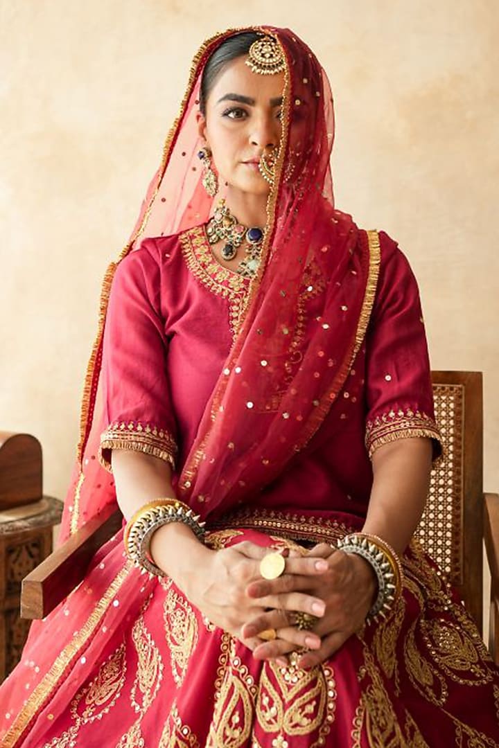 Red Raw Silk Kiran Lace Hand Embroidered Bridal Lehenga Set by GulaboJaipur by Saloni Panwar at Pernia's Pop Up Shop
