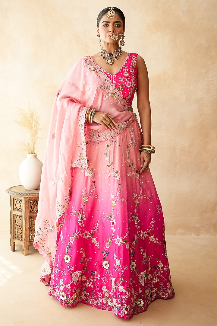 Peach Ombre Tussar Satin Zari Embroidered Wedding Lehenga Set by GulaboJaipur by Saloni Panwar at Pernia's Pop Up Shop