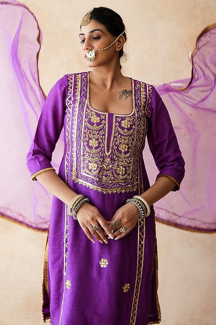 Purple Chanderi Zardosi Embellished Straight Kurta Set by GulaboJaipur by Saloni Panwar at Pernia's Pop Up Shop