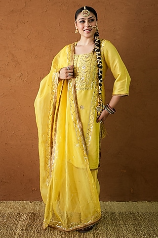 Yellow Chanderi Mirror Embellished Kurta Set by GulaboJaipur by Saloni Panwar