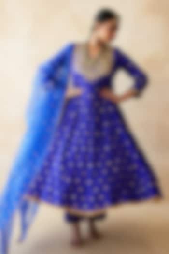 Blue Chanderi Hand Embroidered Anarkali Set by GulaboJaipur by Saloni Panwar at Pernia's Pop Up Shop