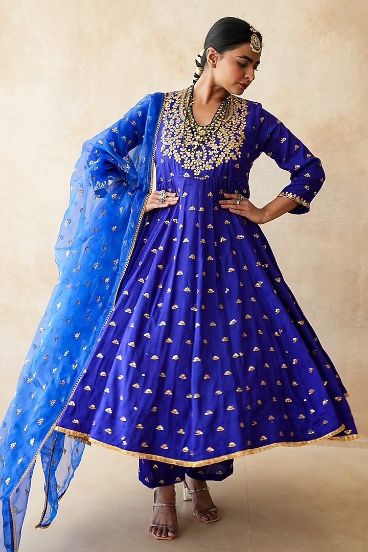 Blue Chanderi Hand Embroidered Anarkali Set by GulaboJaipur by Saloni Panwar at Pernia's Pop Up Shop