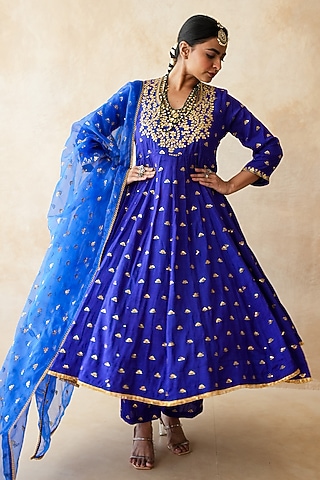 Blue Chanderi Hand Embroidered Anarkali Set by GulaboJaipur by Saloni Panwar
