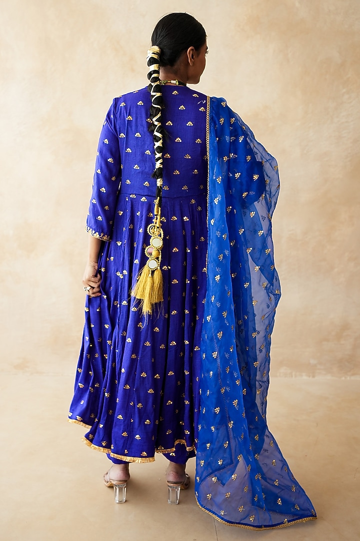 Blue Chanderi Hand Embroidered Anarkali Set by GulaboJaipur by Saloni Panwar at Pernia's Pop Up Shop