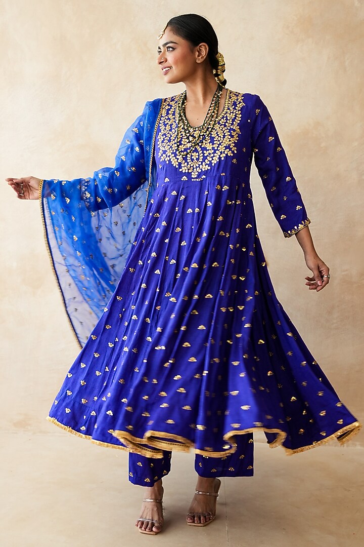 Blue Chanderi Hand Embroidered Anarkali Set by GulaboJaipur by Saloni Panwar at Pernia's Pop Up Shop