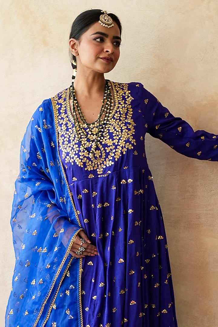 Blue Chanderi Hand Embroidered Anarkali Set by GulaboJaipur by Saloni Panwar at Pernia's Pop Up Shop