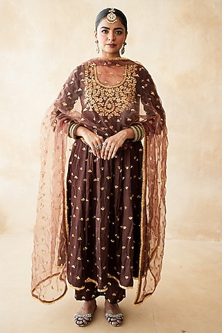 Brown Chanderi Hand Embroidered Anarkali Set by GulaboJaipur by Saloni Panwar