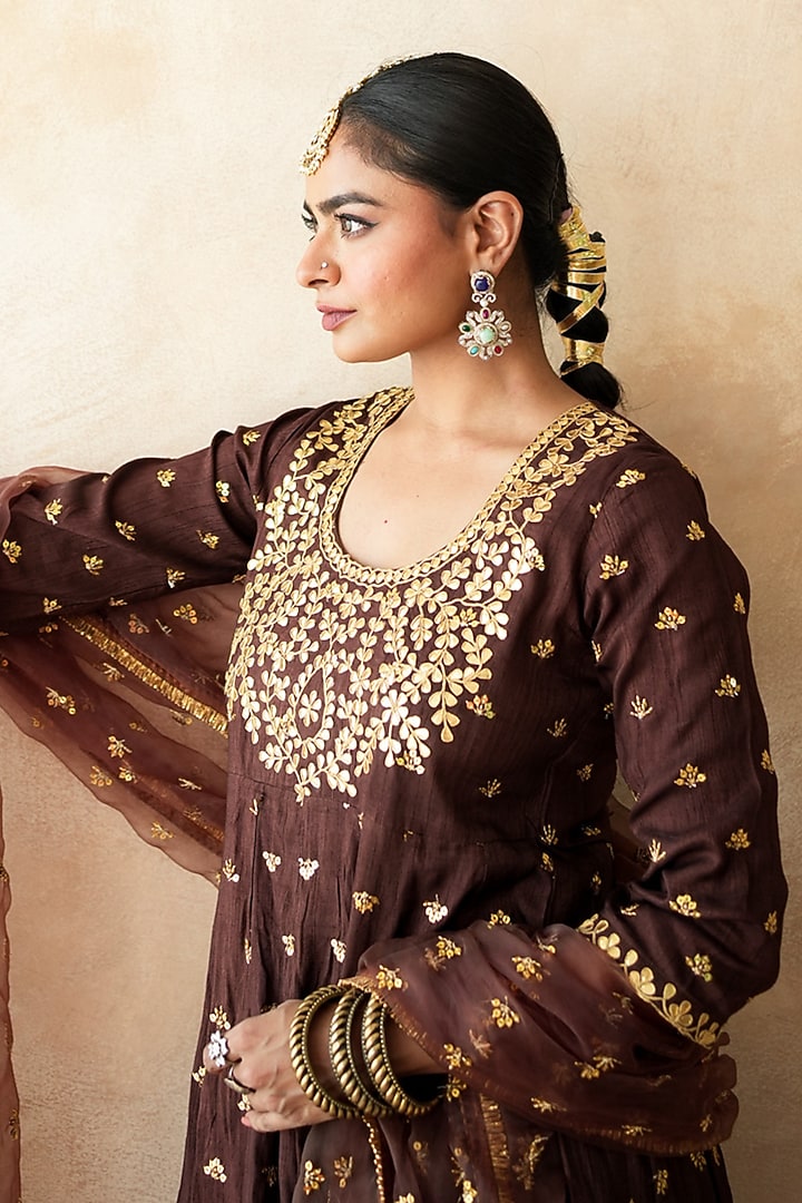 Brown Chanderi Hand Embroidered Anarkali Set by GulaboJaipur by Saloni Panwar at Pernia's Pop Up Shop