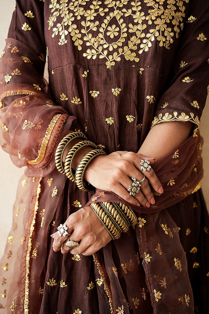Brown Chanderi Hand Embroidered Anarkali Set by GulaboJaipur by Saloni Panwar at Pernia's Pop Up Shop