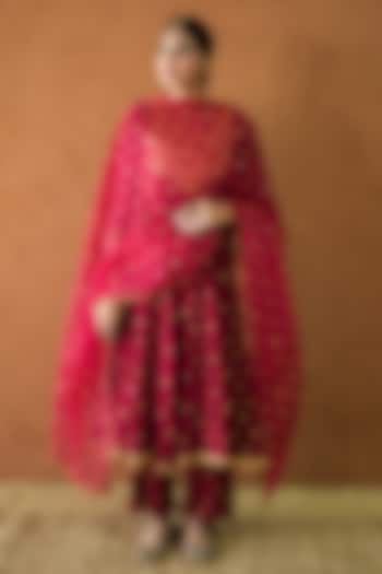 Red Chanderi Hand Embroidered Anarkali Set by GulaboJaipur by Saloni Panwar at Pernia's Pop Up Shop