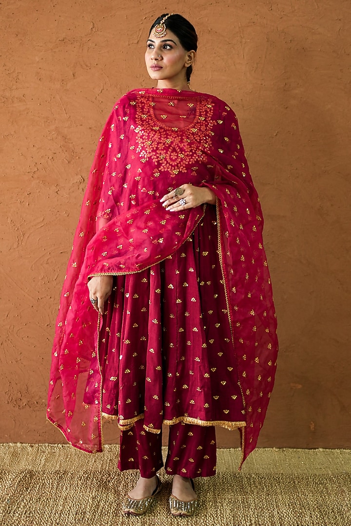 Red Chanderi Hand Embroidered Anarkali Set by GulaboJaipur by Saloni Panwar at Pernia's Pop Up Shop