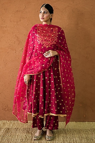 Red Chanderi Hand Embroidered Anarkali Set by GulaboJaipur by Saloni Panwar