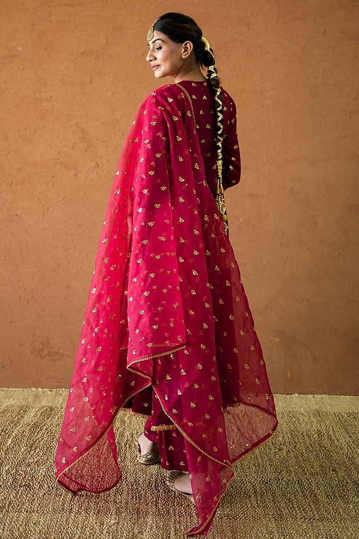 Red Chanderi Hand Embroidered Anarkali Set by GulaboJaipur by Saloni Panwar at Pernia's Pop Up Shop