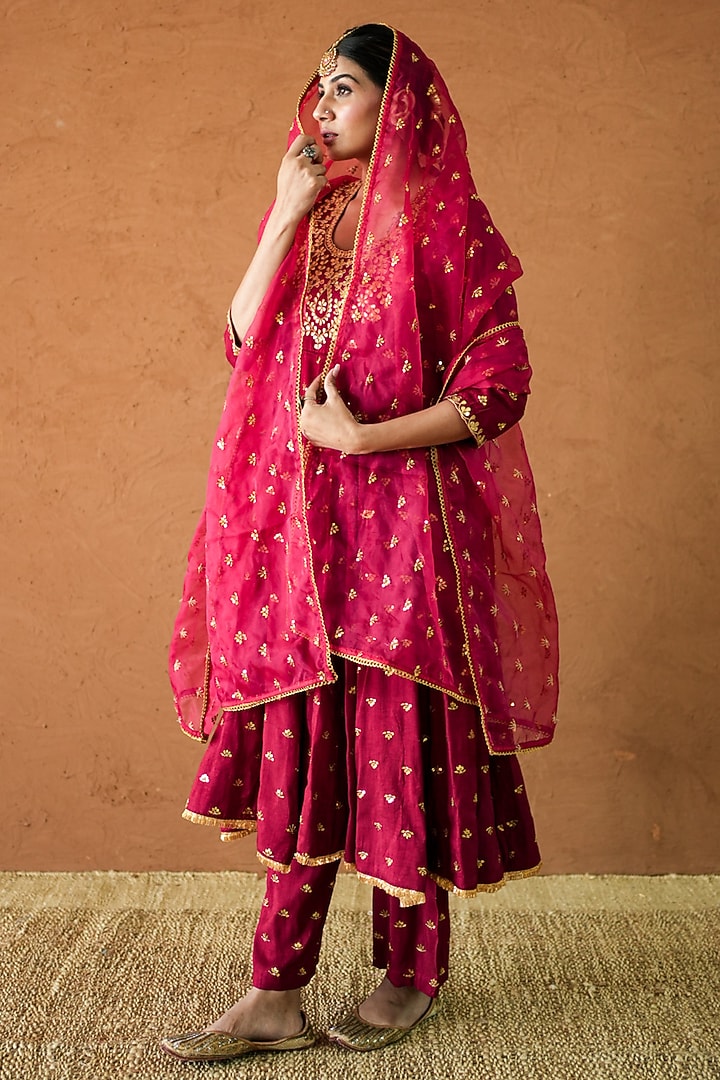 Red Chanderi Hand Embroidered Anarkali Set by GulaboJaipur by Saloni Panwar at Pernia's Pop Up Shop
