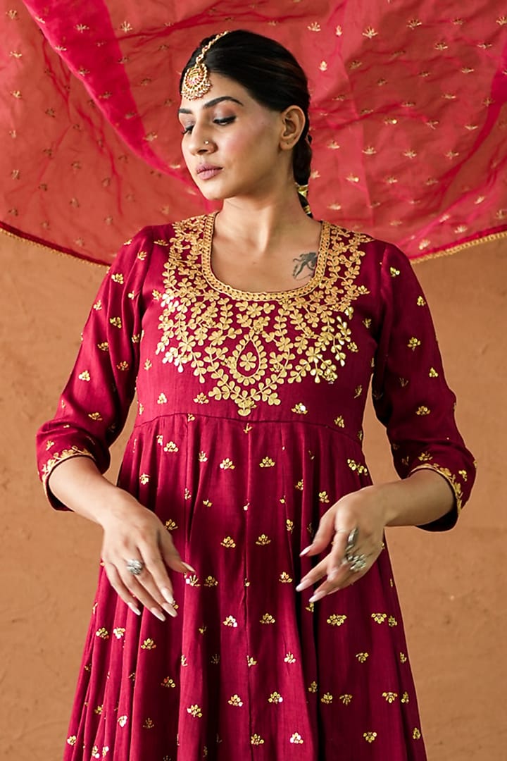 Red Chanderi Hand Embroidered Anarkali Set by GulaboJaipur by Saloni Panwar at Pernia's Pop Up Shop