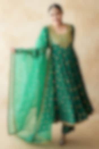 Green Chanderi Hand Embroidered Anarkali Set by GulaboJaipur by Saloni Panwar at Pernia's Pop Up Shop