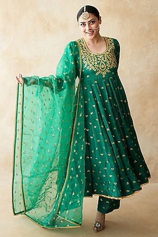 Green Chanderi Hand Embroidered Anarkali Set by GulaboJaipur by Saloni Panwar