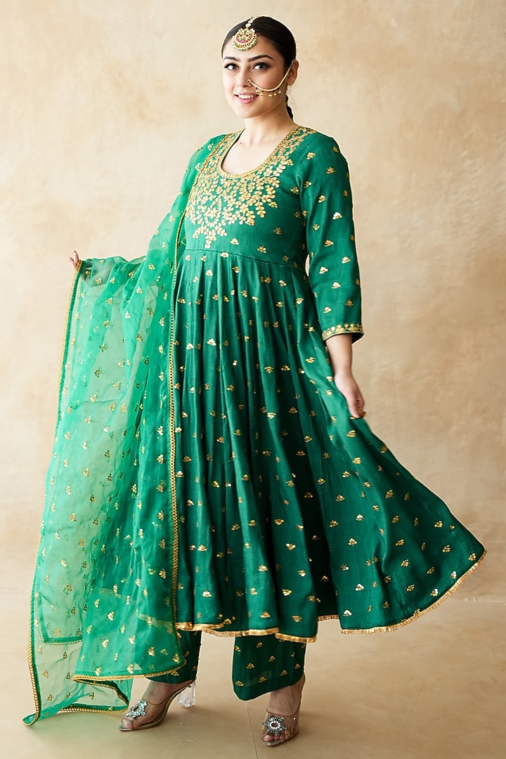 Green Chanderi Hand Embroidered Anarkali Set by GulaboJaipur by Saloni Panwar at Pernia's Pop Up Shop
