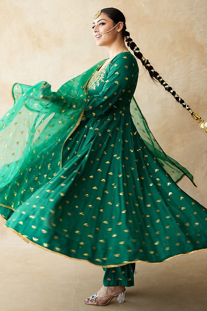 Green Chanderi Hand Embroidered Anarkali Set by GulaboJaipur by Saloni Panwar at Pernia's Pop Up Shop