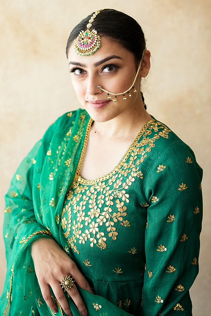 Green Chanderi Hand Embroidered Anarkali Set by GulaboJaipur by Saloni Panwar at Pernia's Pop Up Shop