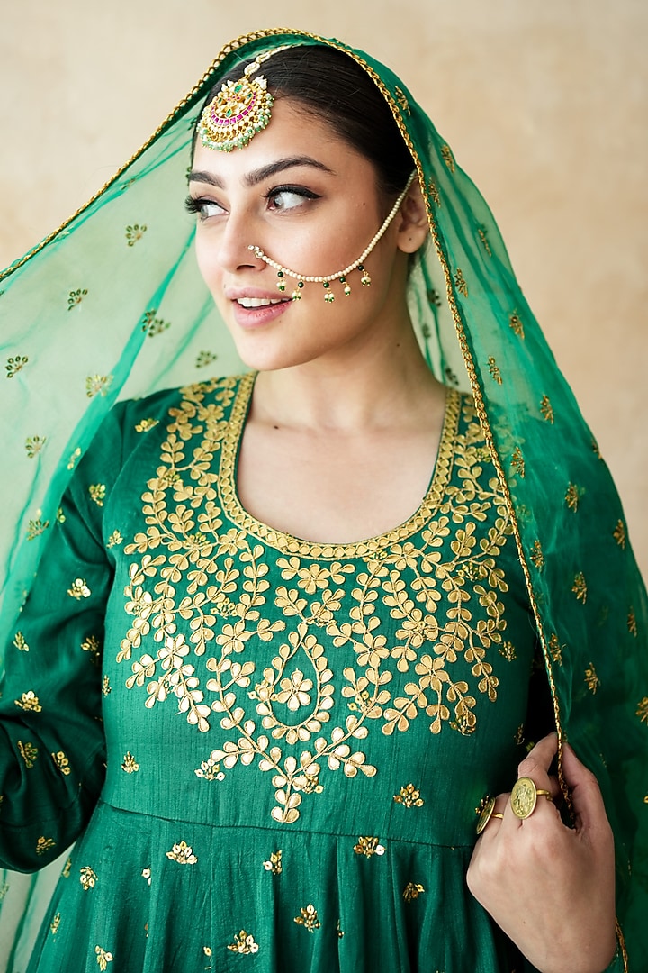 Green Chanderi Hand Embroidered Anarkali Set by GulaboJaipur by Saloni Panwar at Pernia's Pop Up Shop