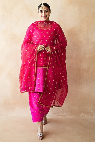 Pink Chanderi Aari Embroidered Anarkali Set by GulaboJaipur by Saloni Panwar