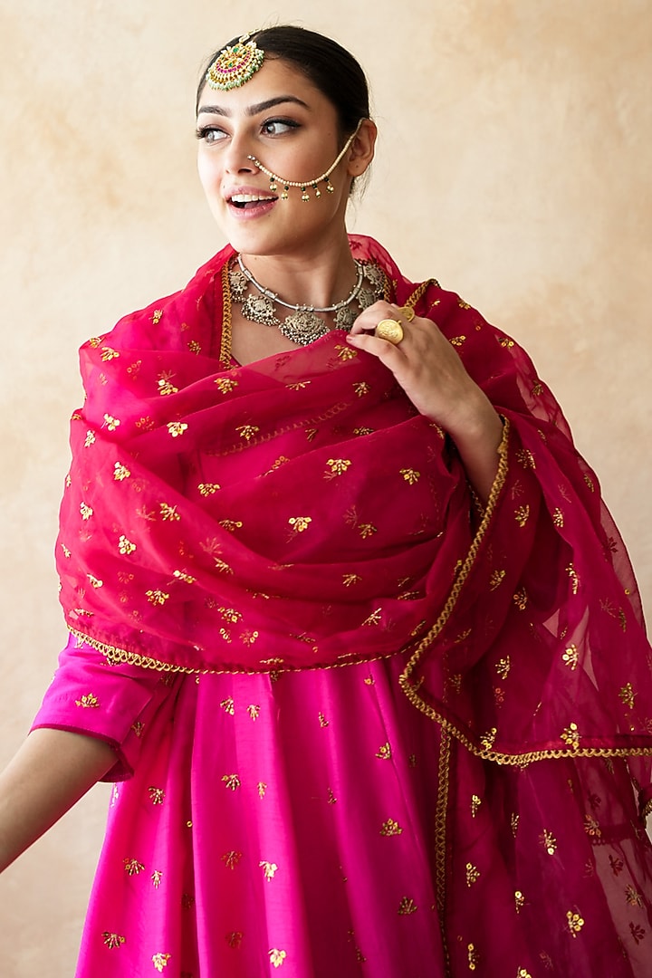 Pink Chanderi Aari Embroidered Anarkali Set by GulaboJaipur by Saloni Panwar at Pernia's Pop Up Shop