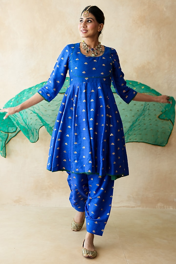 Blue Chanderi Aari Embroidered Anarkali Set by GulaboJaipur by Saloni Panwar at Pernia's Pop Up Shop