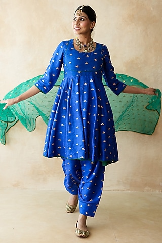 Blue Chanderi Aari Embroidered Anarkali Set by GulaboJaipur by Saloni Panwar