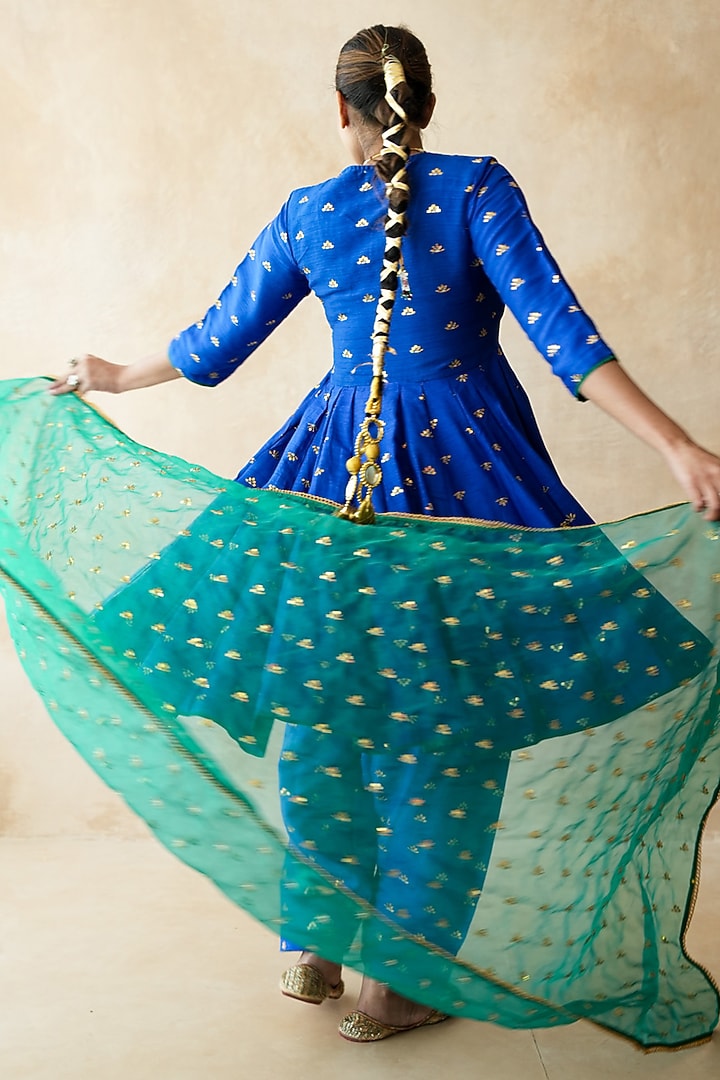 Blue Chanderi Aari Embroidered Anarkali Set by GulaboJaipur by Saloni Panwar at Pernia's Pop Up Shop