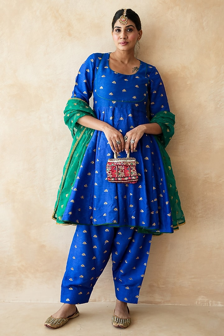 Blue Chanderi Aari Embroidered Anarkali Set by GulaboJaipur by Saloni Panwar at Pernia's Pop Up Shop