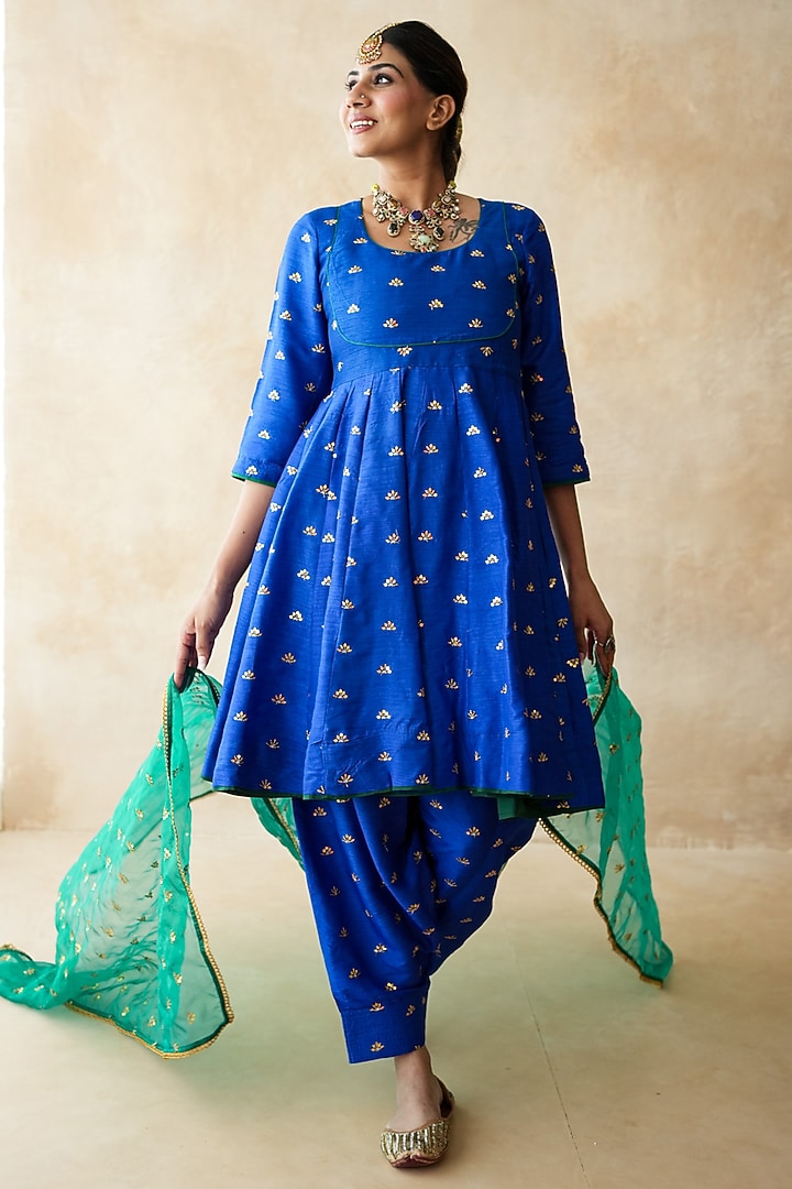 Blue Chanderi Aari Embroidered Anarkali Set by GulaboJaipur by Saloni Panwar at Pernia's Pop Up Shop