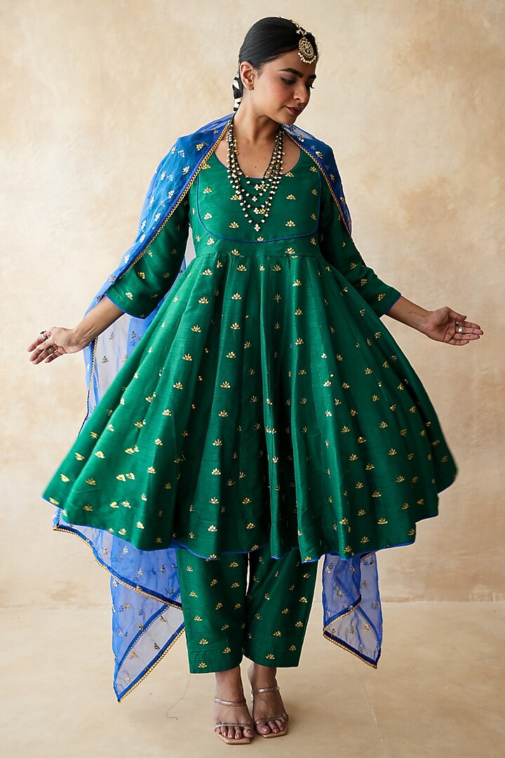Green Chanderi Aari Embroidered Anarkali Set by GulaboJaipur by Saloni Panwar at Pernia's Pop Up Shop