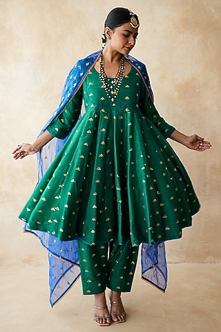 Green Chanderi Aari Embroidered Anarkali Set by GulaboJaipur by Saloni Panwar
