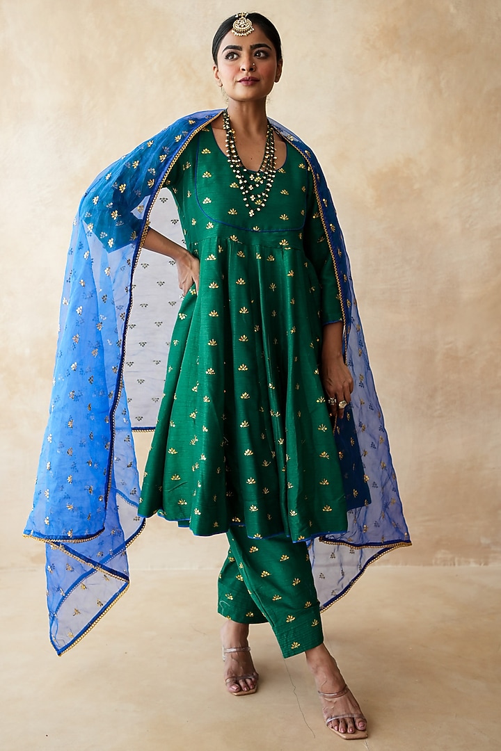 Green Chanderi Aari Embroidered Anarkali Set by GulaboJaipur by Saloni Panwar at Pernia's Pop Up Shop