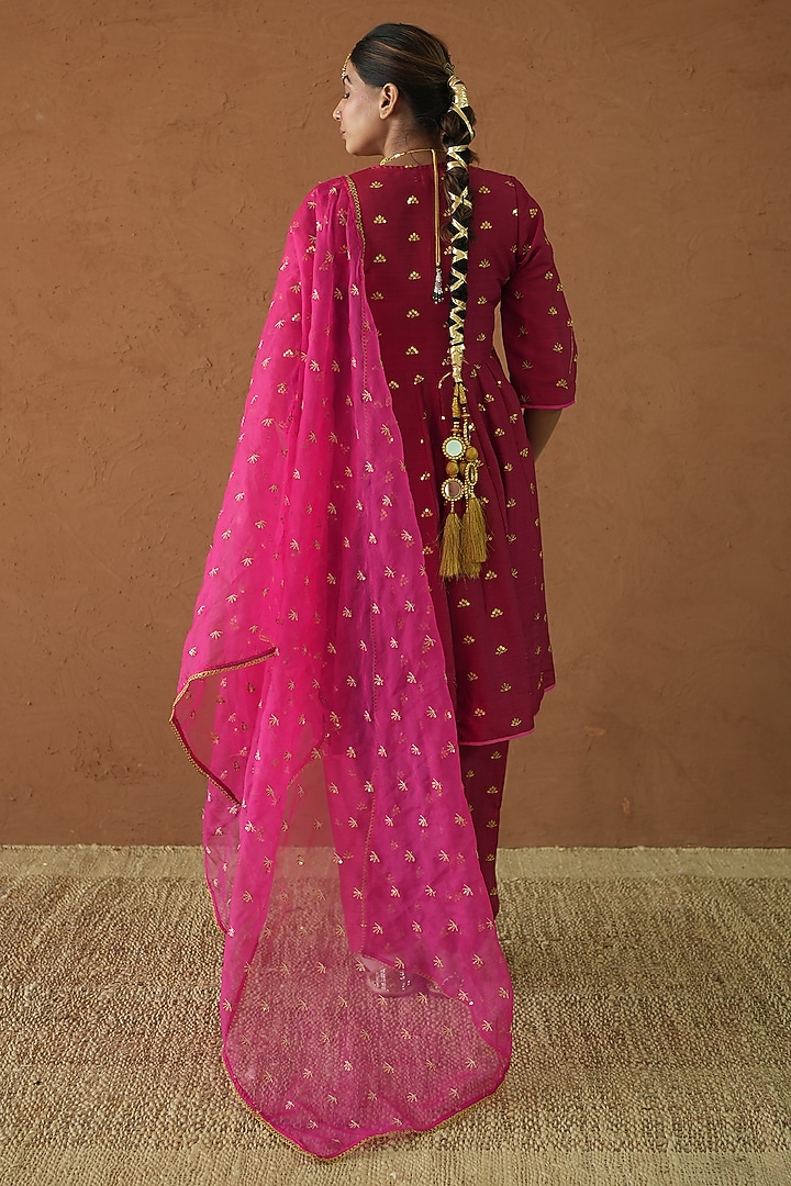 Red Chanderi Aari Embroidered Anarkali Set by GulaboJaipur by Saloni Panwar at Pernia's Pop Up Shop