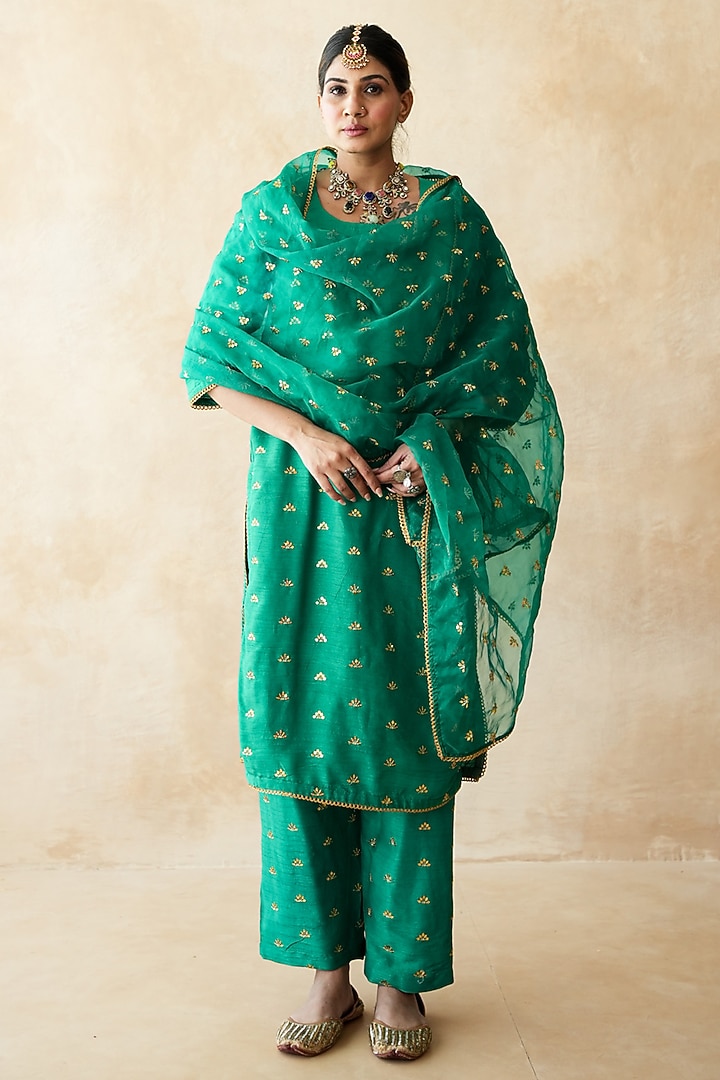 Green Chanderi Aari Embroidered Kurta Set by GulaboJaipur by Saloni Panwar at Pernia's Pop Up Shop