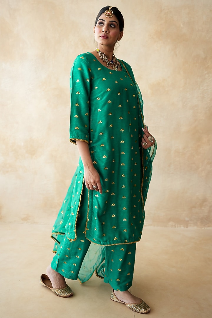 Green Chanderi Aari Embroidered Kurta Set by GulaboJaipur by Saloni Panwar at Pernia's Pop Up Shop